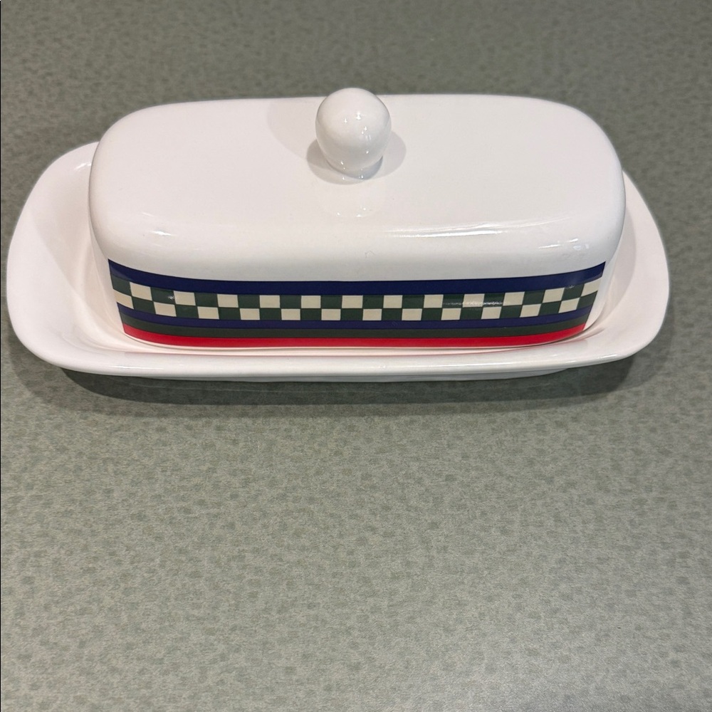 White Butter Dish with Checkered Stripe